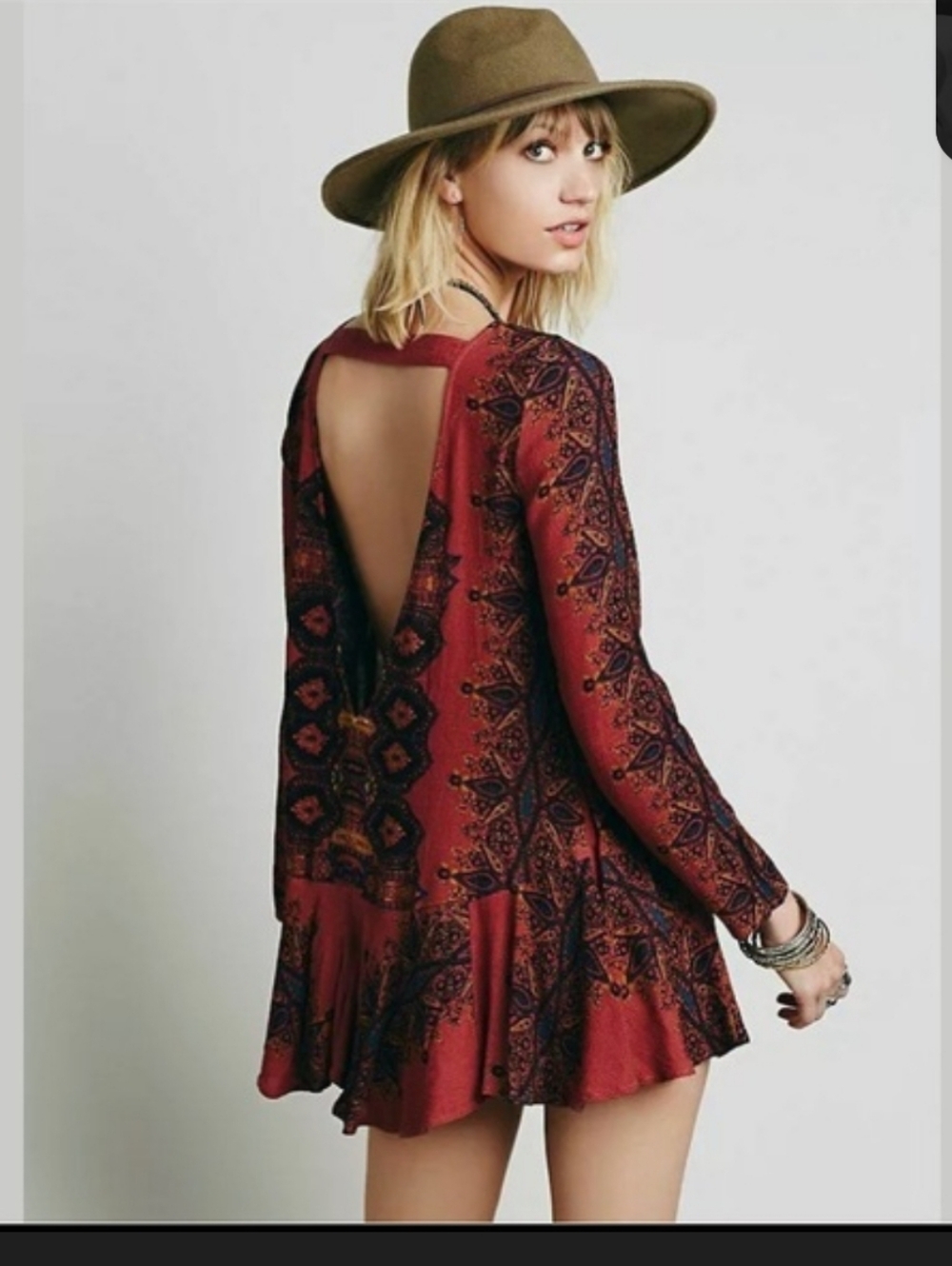 Free People Rust Red Printed Open-Back Mini Dress